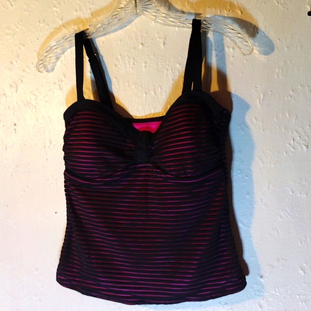 Purple with black, striped sheer overlay, tankini top.